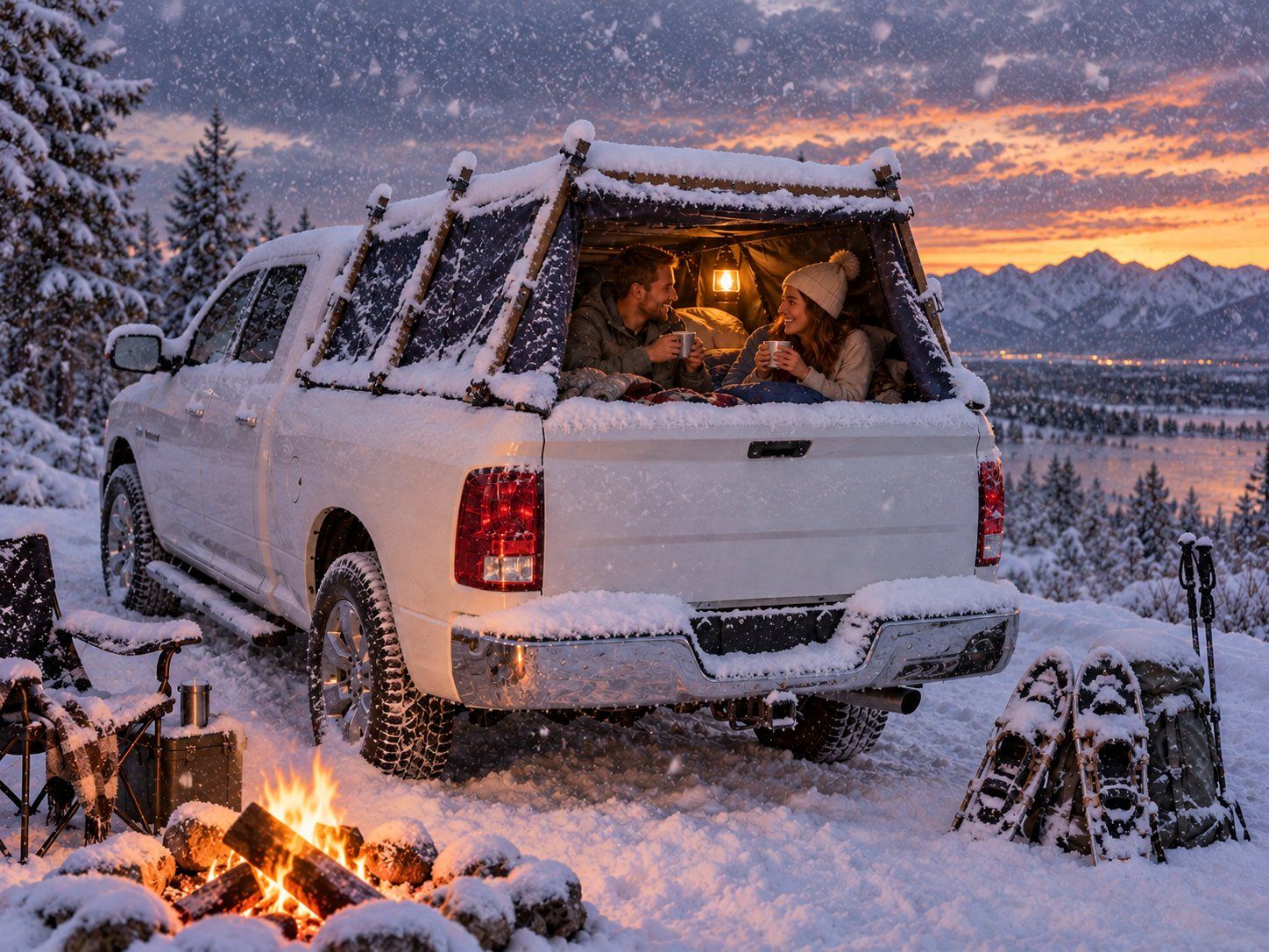 Camping under the canopy in snow